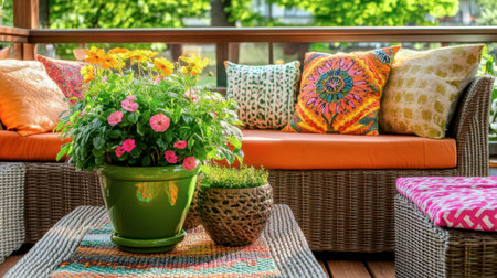Bright and inviting outdoor seating area featuring vibrant cushions and blooming flowers, perfect for relaxation and summer gatherings in a cozy setting.の素材