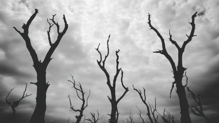 A haunting monochrome scene featuring the silhouettes of dead trees under a dramatic, cloudy sky, evoking feelings of desolation and decay in nature.の素材