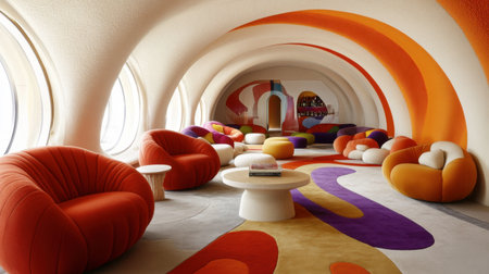 A vibrant and modern lounge featuring unique seating, colorful decor, and artistic design elements, perfect for creative spaces and social interactions.の素材