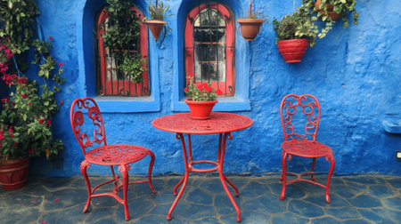 A charming outdoor setting featuring a vibrant red table and chairs against a striking blue wall, adorned with potted plants, perfect for relaxation and aesthetics.の素材