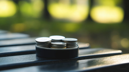 A close-up of a pile of coins placed in a dark round container on a wooden surface, illuminated by natural light, showcasing themes of finance and savings.の素材