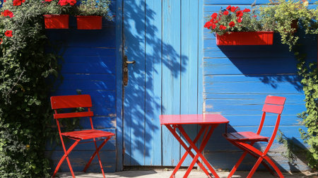 A charming outdoor scene featuring vibrant red chairs and a table in front of a bright blue door, adorned with blooming flowers, creating a cozy atmosphere.の素材