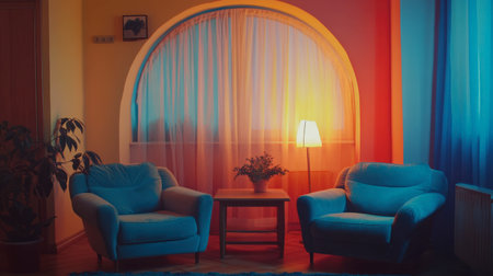 A cozy living room featuring blue armchairs and warm ambient lighting. The soft curtains and inviting atmosphere create a perfect retreat for relaxation and comfort.の素材