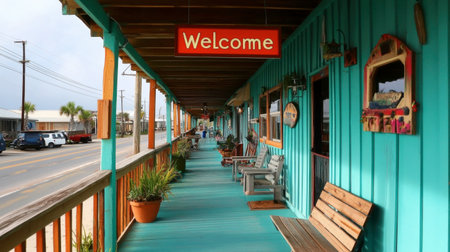 A vibrant coastal porch featuring a welcoming sign and colorful decor. Lush plants and rustic seating create an inviting atmosphere for visitors.の素材