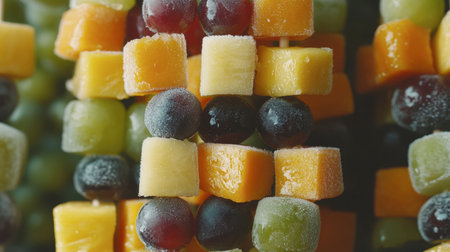 Bright and colorful frozen fruit skewers made with grapes, mango, and pineapple. Perfect for a refreshing summer snack or healthy dessert option.の素材