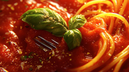 Close-up of delicious spaghetti topped with vibrant tomato sauce and fresh basil, showcasing a fork resting in the dish, perfect for food lovers.の素材