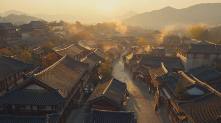 An enchanting view of a traditional Asian village bathed in warm sunrise light, showcasing intricate rooftops, serene pathways, and a peaceful mountainous backdrop.の素材