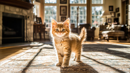 A playful kitten stands in a sunlit living room, bathed in warm light. The cozy setting creates a charming atmosphere, perfect for any cat lover.の素材