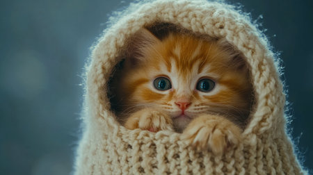 A charming ginger kitten peeks out from a cozy sweater, showcasing its adorable face and bright blue eyes. Perfect for pet lovers and animal enthusiasts.の素材