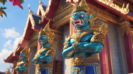 Stunning guardian statues flank the entrance of a traditional Thai temple. The intricate details and vibrant colors highlight the rich cultural heritage and artistry.の素材