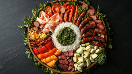 A vibrant platter featuring a variety of meats, fresh vegetables, and aromatic herbs. Perfect for gatherings, celebrations, or as a gourmet appetizer.の素材