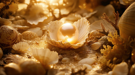 A luminous pearl nestled within sea shells on a sandy beach, illuminated by warm sunlight, showcasing nature's beauty and tranquility in a serene coastal setting.の素材