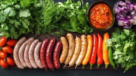 Discover a vibrant array of fresh vegetables, herbs, and sausages, perfect for culinary creations. Ideal for meal preparation and garnishing dishes.の素材