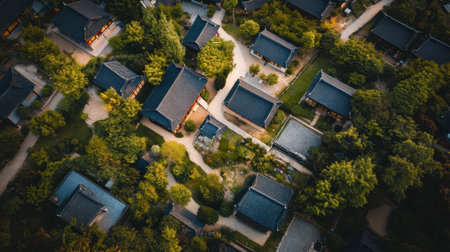 An aerial perspective showcases traditional houses nestled in lush greenery, offering a serene and picturesque landscape that reflects cultural heritage and tranquility.の素材