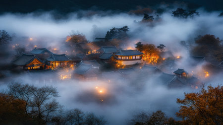 A serene village illuminated by warm lights emerges from thick fog at night, creating a mystical atmosphere. This enchanting scene captures the beauty of nature and architecture.の素材