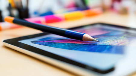 A vibrant and colorful pencil rests on a digital tablet, showcasing a creative workspace. Ideal for themes of art, technology, and design.の素材