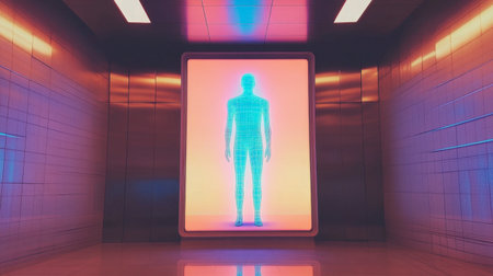 A vibrant elevator interior featuring a holographic human silhouette against a colorful backdrop, showcasing a blend of technology and modern design.の素材