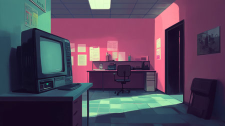 A vibrant office interior featuring vintage technology and a minimalist design. The pink walls and subtle lighting create a nostalgic atmosphere, ideal for creative projects.の素材