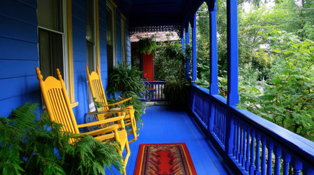 A charming porch featuring vibrant blue walls, yellow rocking chairs, and lush greenery. Perfect for enjoying summer days in a cozy, inviting atmosphere.の素材