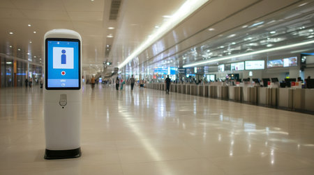 A modern digital information kiosk stands in a spacious airport terminal, offering travelers guidance and services. The sleek design enhances the travel experience.の素材