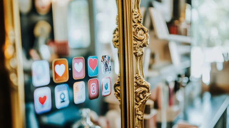 A beautifully ornate mirror showcases colorful social media icons, blending classic elegance with modern technology, perfect for contemporary interior design.の素材