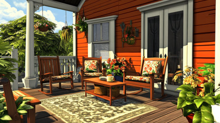 A charming porch featuring comfortable seating, vibrant plants, and a stylish table. Perfect for enjoying sunny days and creating a relaxing atmosphere.の素材
