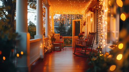 A cozy porch adorned with bright holiday lights creates a warm, inviting atmosphere perfect for the winter season. Ideal for festive decor themes.の素材