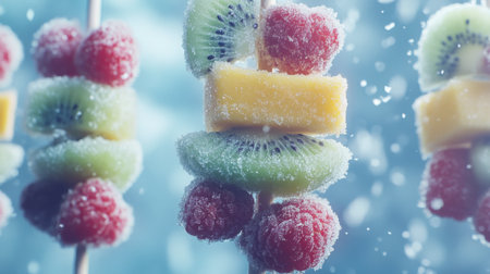 Vibrant frozen fruit skewers display an assortment of raspberry, kiwi, and mango. A refreshing treat perfect for summer gatherings or healthy snacks.の素材