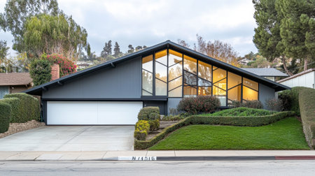 A modern home showcasing unique architectural features, with striking windows and well-maintained landscaping, offering a contemporary lifestyle in an inviting neighborhood.の素材