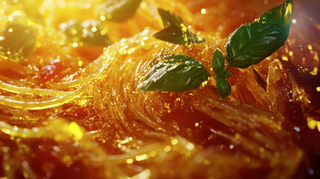 A close-up view of glimmering jelly garnished with fresh basil leaves, showcasing vibrant colors and appetizing textures ideal for culinary inspiration.の素材