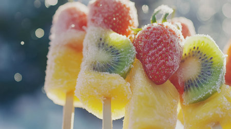 Delight in these colorful frozen fruit skewers, perfect for a sunny day. Packed with vibrant flavors and natural sweetness, they offer a refreshing treat.の素材