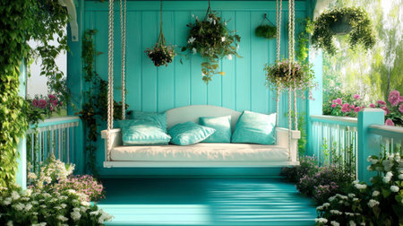 A vibrant garden scene featuring a turquoise swing adorned with cushions, surrounded by lush plants and blooming flowers, perfect for relaxation.の素材