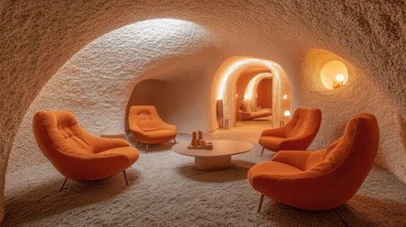 Discover a unique cave-inspired living room featuring cozy orange chairs and warm lighting, creating an inviting and stylish atmosphere perfect for relaxation.の素材