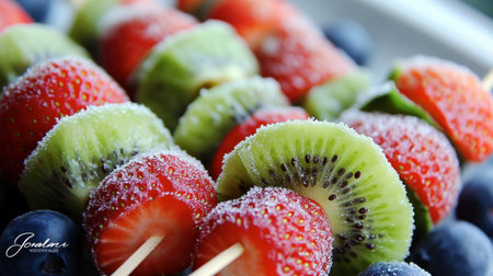 A vibrant close-up of colorful fruit skewers featuring strawberries, kiwi, and blueberries, lightly coated with sugar. Perfect for summer events or healthy snacks.の素材