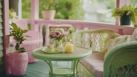 A cozy pastel porch featuring vibrant flowers, a glowing candle, and comfortable seating, perfect for relaxing and enjoying the serene outdoor ambiance.の素材