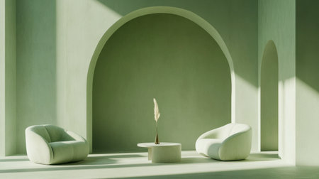 Modern minimalist living space featuring soft green tones. Two cozy armchairs and a central table create a serene atmosphere accentuated by natural light.の素材