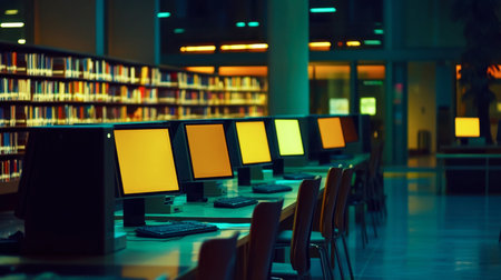 A quiet library scene at night featuring unoccupied desks with illuminated computer monitors. The soft glow creates a serene study environment perfect for research and learning.の素材