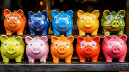 A vibrant display of colorful piggy banks on a shelf, showcasing a variety of designs. Perfect for themes of savings, finance, and childhood nostalgia.の素材