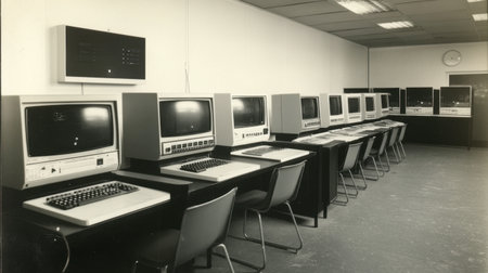 A vintage computer setup featuring multiple monitors and keyboards in a sleek office environment. This black-and-white image captures the essence of retro technology.の素材