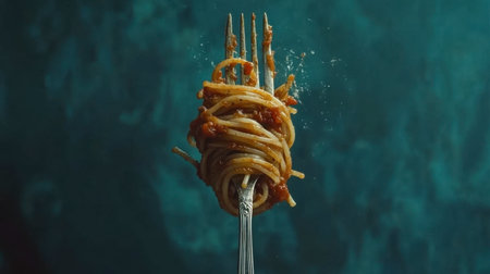 An artistic close-up of spaghetti twirled on a fork, showcasing rich sauce and a splash effect. Perfect for food-related projects or culinary themes.の素材