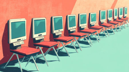 This illustration features a row of empty computers on red chairs against a vibrant wall, highlighting themes of technology and minimalism in a workspace setting.の素材