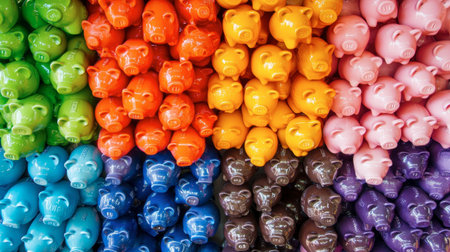 A vibrant array of colorful piggy banks in various hues, perfect for children's savings. The playful design adds a cheerful touch to any space or decor.の素材