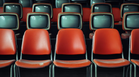 A captivating arrangement of retro chairs and vintage televisions, showcasing a nostalgic vibe in an empty seating area. Perfect for themes of design and history.の素材