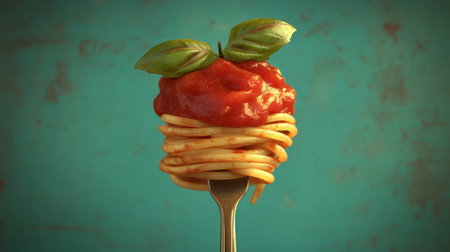 A vibrant and appetizing presentation of delicious spaghetti topped with rich tomato sauce and fresh basil, served on a fork for a delightful culinary experience.の素材