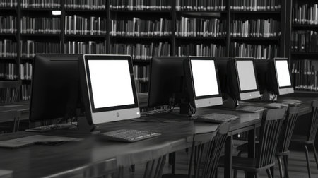 A serene library setting featuring multiple computers, ideal for studying and research. The modern space showcases a blend of technology and traditional resources.の素材