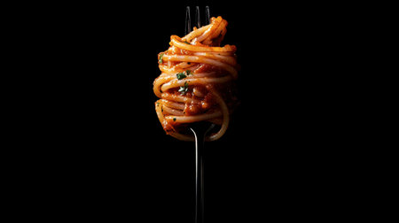 A captivating close-up of spaghetti twirled on a fork, showcasing rich tomato sauce and fresh herbs, set against a dark backdrop for dramatic effect.の素材