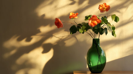 A stunning floral arrangement featuring orange flowers in a green vase. Soft shadows cast on the wall create a tranquil and artistic atmosphere. Perfect for home decor.の素材