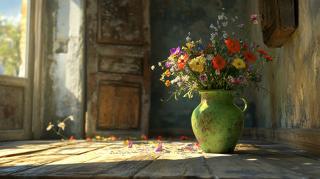 A vibrant arrangement of flowers in a green vase sits on a rustic wooden floor, enhancing the serene atmosphere of the sunlit room with colorful beauty.の素材