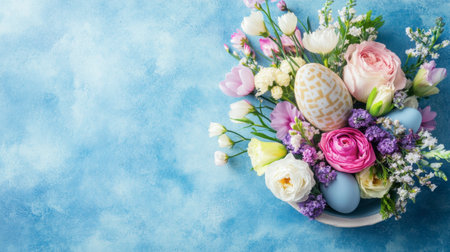 A vibrant Easter bouquet featuring delicate flowers and decorated eggs, perfect for spring celebrations and holiday decorations. A beautiful composition.の素材