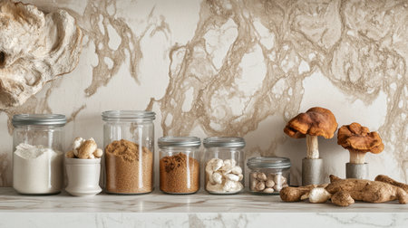A beautifully arranged display of natural kitchen ingredients including various spices, sugars, and mushrooms in glass jars on a striking marble background, ideal for culinary inspiration.の素材